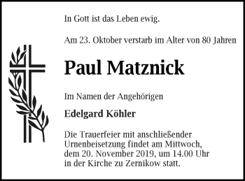 Traueranzeige von Paul Matznick von Prenzlauer Zeitung