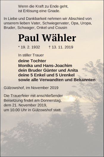 Traueranzeige von Paul Wähler von Vorpommern Kurier