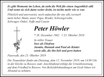 Traueranzeige von Peter Höwler von Pasewalker Zeitung