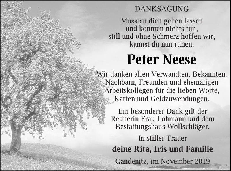  Traueranzeige für Peter Neese vom 15.11.2019 aus Templiner Zeitung