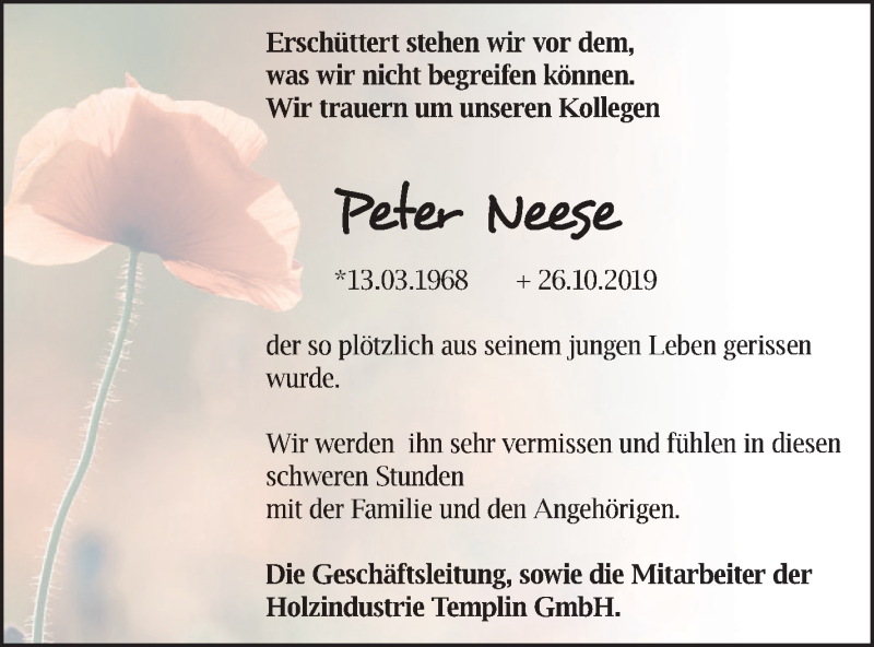  Traueranzeige für Peter Neese vom 05.11.2019 aus Templiner Zeitung
