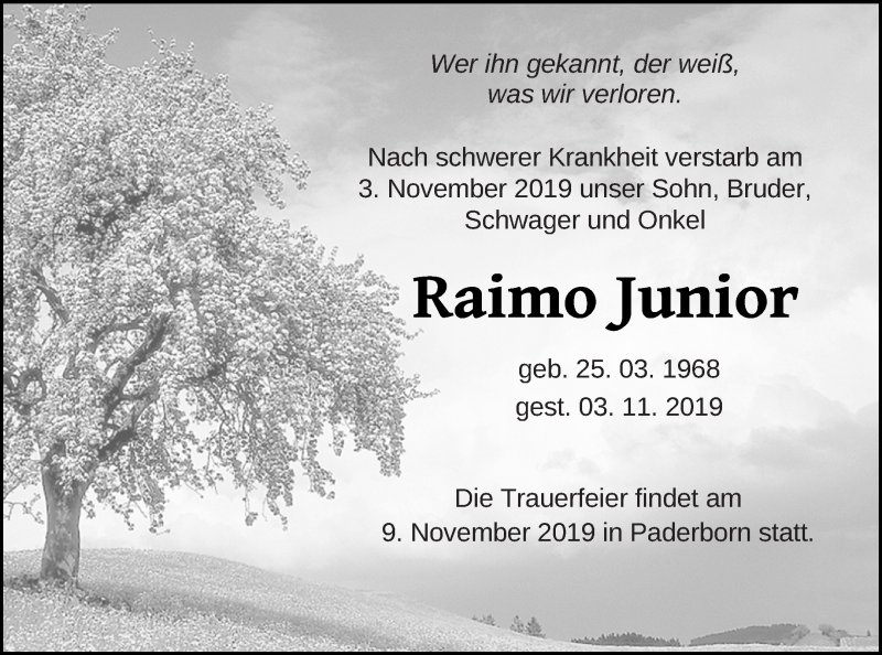  Traueranzeige für Raimo Junior vom 08.11.2019 aus Prenzlauer Zeitung