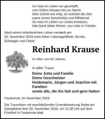 Traueranzeige von Reinhard Krause von Mecklenburger Schweiz