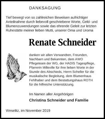 Traueranzeige von Renate Schneider von Prenzlauer Zeitung