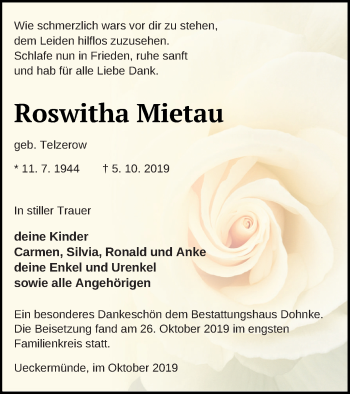 Traueranzeige von Roswitha Mietau von Haff-Zeitung