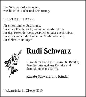 Traueranzeige von Rudi Schwarz von Haff-Zeitung