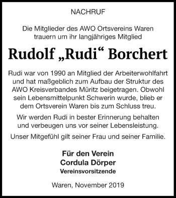 Traueranzeige von Rudolf Borchert von Müritz-Zeitung