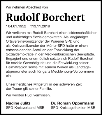 Traueranzeige von Rudolf Borchert von Wirtschaftsraum Neubr./Neustr./Waren