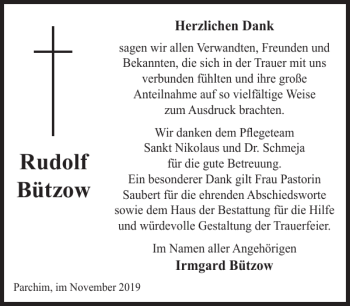 Traueranzeige von Rudolf Bützow von Parchimer Zeitung