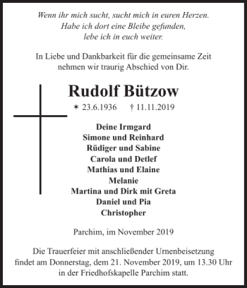 Traueranzeige von Rudolf Bützow von Parchimer Zeitung