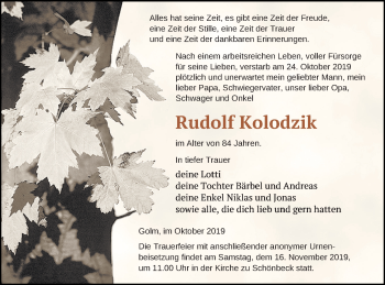 Traueranzeige von Rudolf Kolodzik von Strelitzer Zeitung