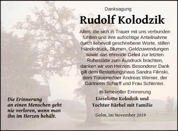 Traueranzeige von Rudolf Kolodzik von Strelitzer Zeitung