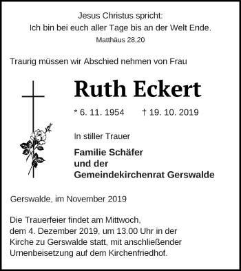 Traueranzeige von Ruth Eckert von Templiner Zeitung