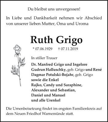 Traueranzeige von Ruth Grigo von Neubrandenburger Zeitung