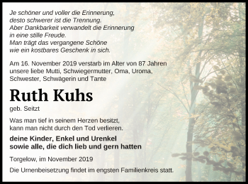 Traueranzeige von Ruth Kuhs von Haff-Zeitung