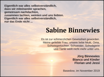 Traueranzeige von Sabine Binnewies von Mecklenburger Schweiz