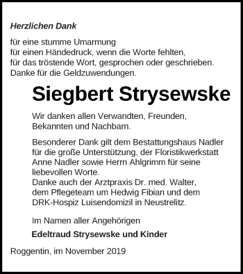 Traueranzeige von Siegbert Strysewske von Strelitzer Zeitung