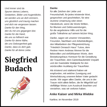 Traueranzeige von Siegfried Budach von Vorpommern Kurier