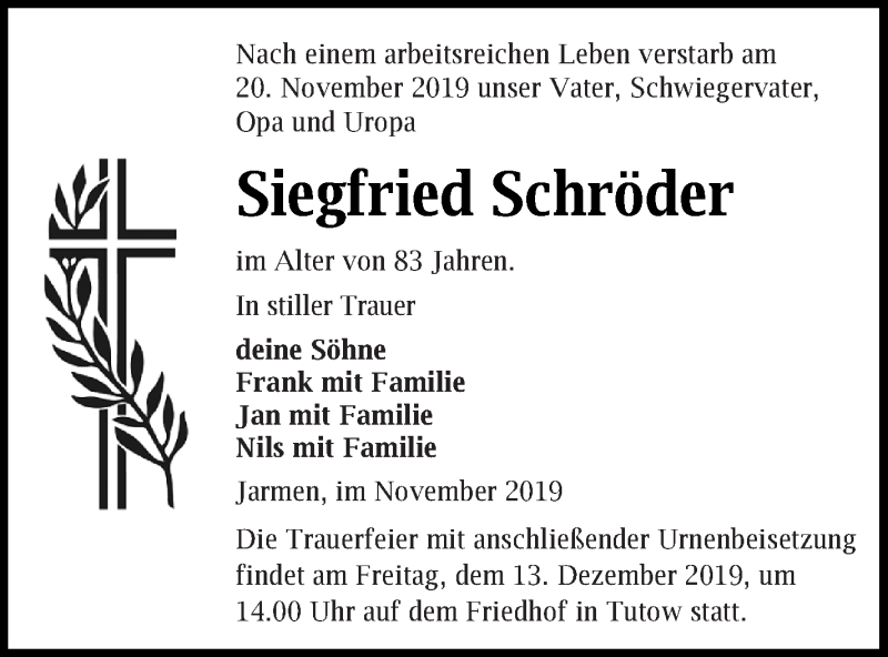  Traueranzeige für Siegfried Schröder vom 29.11.2019 aus Vorpommern Kurier