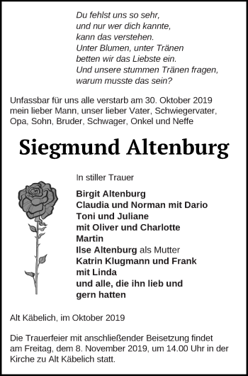 Traueranzeige von Siegmund Altenburg von Strelitzer Zeitung