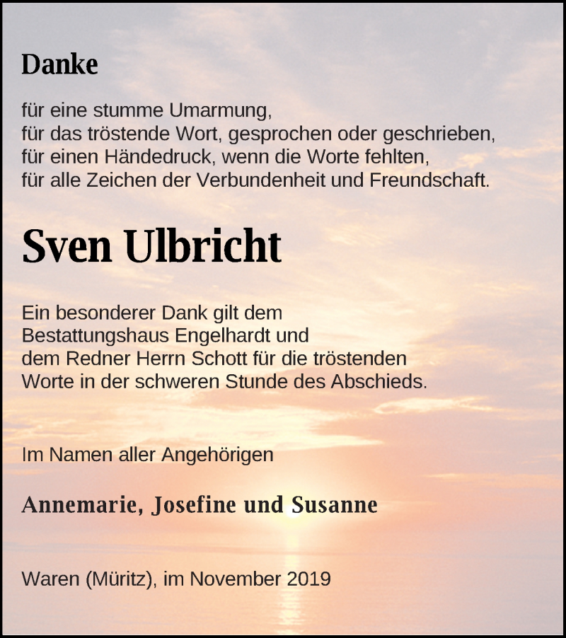  Traueranzeige für Sven Ulbricht vom 13.11.2019 aus Müritz-Zeitung