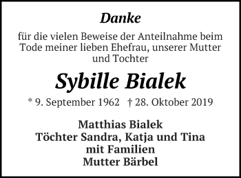 Traueranzeige von Sybille Bialek von Haff-Zeitung