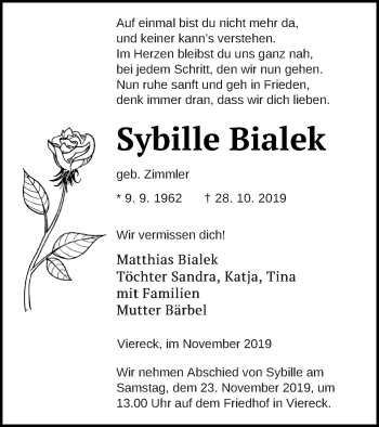 Traueranzeige von Sybille Bialek von Pasewalker Zeitung