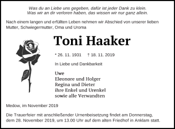 Traueranzeige von Toni Haaker von Vorpommern Kurier