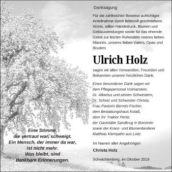 Traueranzeige von Ulrich Holz von Demminer Zeitung