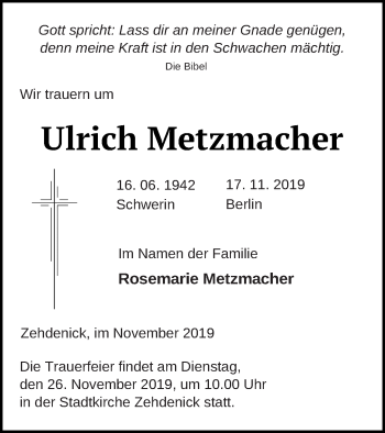 Traueranzeige von Ulrich Metzmacher von Prenzlauer Zeitung