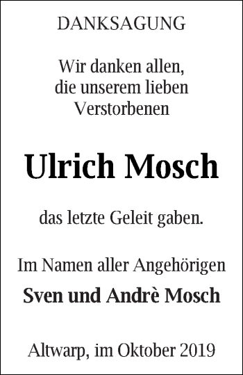 Traueranzeige von Ulrich Mosch von Haff-Zeitung