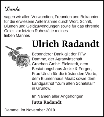 Traueranzeige von Ulrich  Radandt von Prenzlauer Zeitung