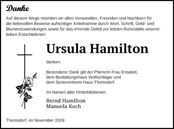 Traueranzeige von Ursula Hamilton von Templiner Zeitung