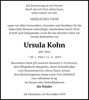 Traueranzeige von Ursula Kohn von Mecklenburger Schweiz