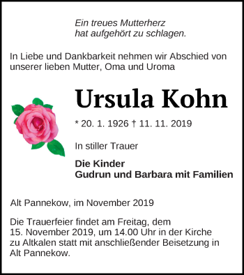 Traueranzeige von Ursula Kohn von Mecklenburger Schweiz