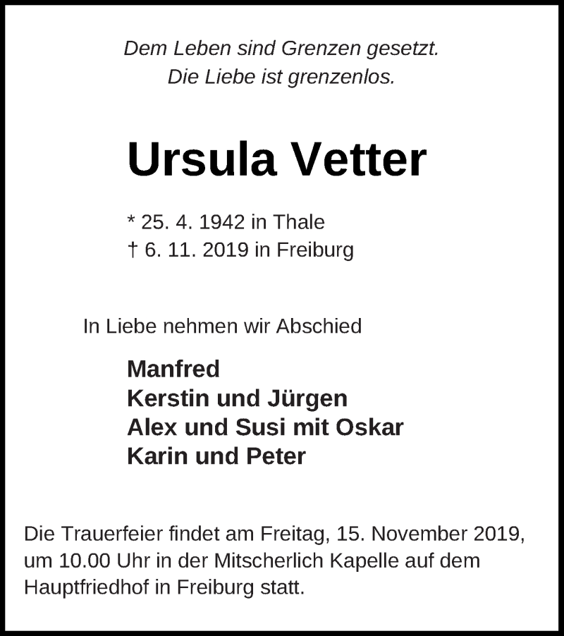  Traueranzeige für Ursula Vetter vom 08.11.2019 aus Mecklenburger Schweiz