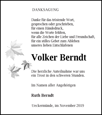 Traueranzeige von Volker Berndt von Haff-Zeitung