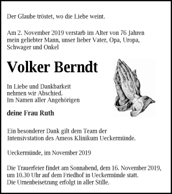 Traueranzeige von Volker Berndt von Haff-Zeitung