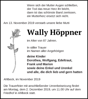 Traueranzeige von Wally Höppner von Haff-Zeitung