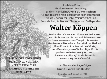 Traueranzeige von Walter Köppen von Templiner Zeitung