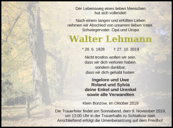 Traueranzeige von Walter Lehmann von Vorpommern Kurier