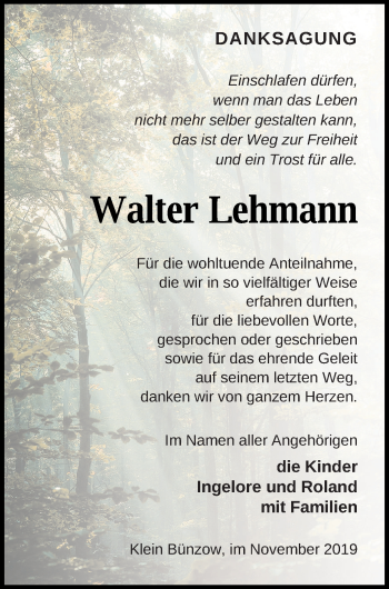 Traueranzeige von Walter Lehmann von Vorpommern Kurier