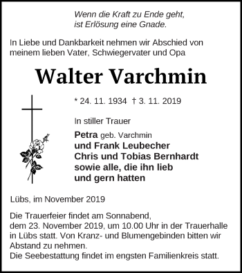 Traueranzeige von Walter Varchmin von Haff-Zeitung