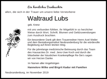 Traueranzeige von Waltraud Lubs von Neubrandenburger Zeitung