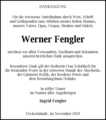 Traueranzeige von Werner Fengler von Haff-Zeitung