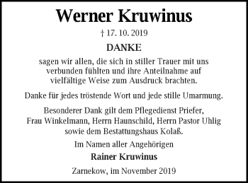 Traueranzeige von Werner Kruwinus von Mecklenburger Schweiz