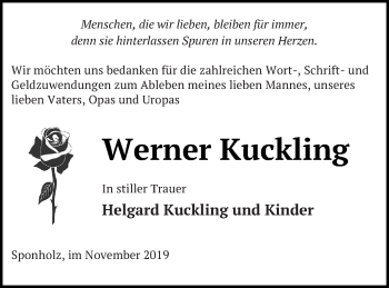 Traueranzeige von Werner Kuckling von Neubrandenburger Zeitung