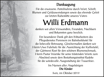 Traueranzeige von Willi Erdmann von Vorpommern Kurier