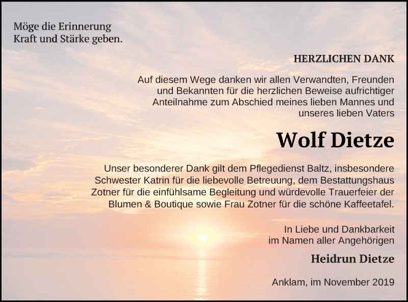  Traueranzeige für Wolf Dietze vom 30.11.2019 aus Vorpommern Kurier