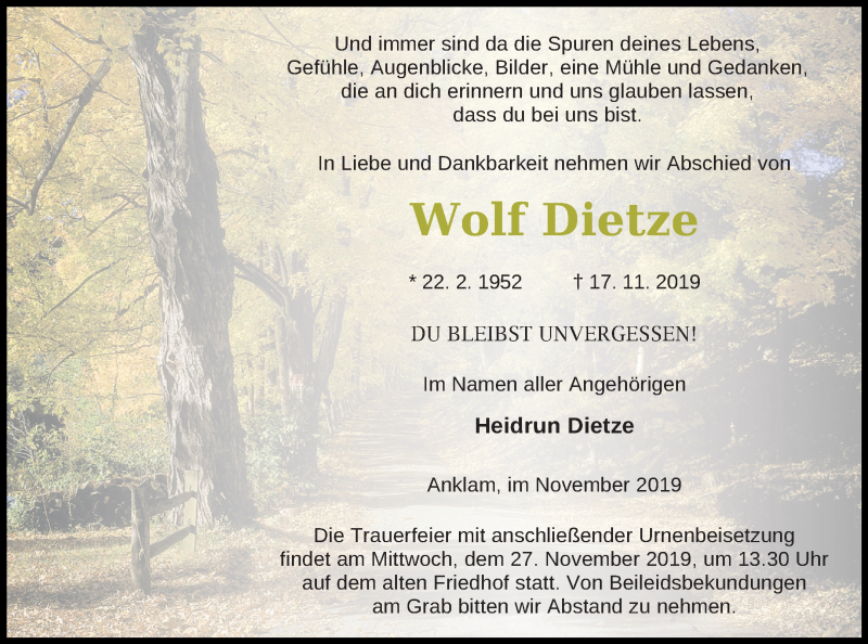  Traueranzeige für Wolf Dietze vom 23.11.2019 aus Vorpommern Kurier